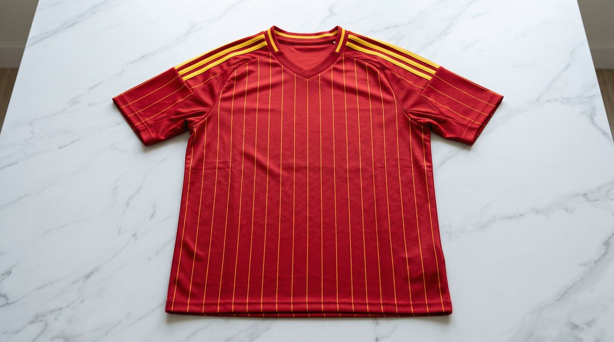 Camiseta roja de la selección española para el Mundial 2026 con rayas amarillas de adidas