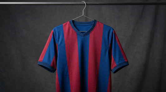Camiseta de fútbol a rayas blaugrana colgada en perchero, foto de catálogo